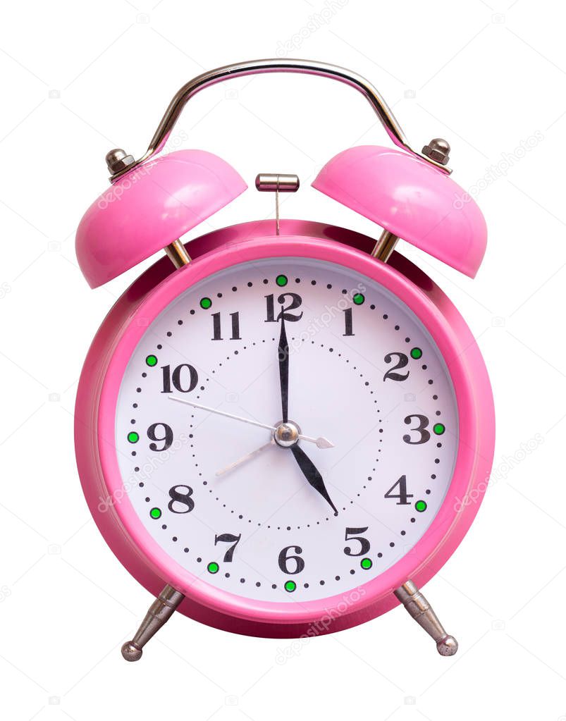The pink clock on a white isolated background show 5 hour