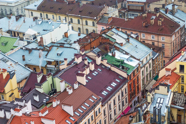 Roofs of buildings of an ancient European city, top view