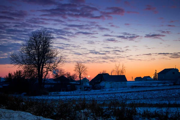 Paisagem Rural Com Silhuetas Árvores Edifícios Durante Pôr Sol — Fotografia de Stock