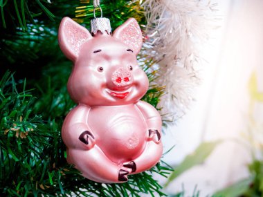 Bir domuz şeklinde Noel ağacı süsle. Noel ve Yılbaşı tatil