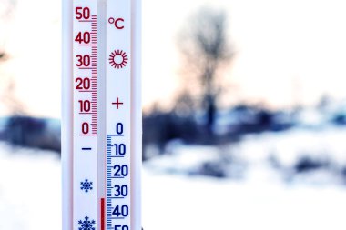 Termometre 30 derece don gösteriyor. Kış manzarasının arka planında termometre var. Hava tahmini. Çok soğuk. Kuzeyde kış