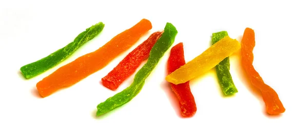Frutas Cristalizadas Multicoloridas Fundo Branco Isolado — Fotografia de Stock