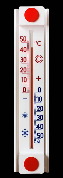 Termómetro Sobre Fondo Negro Aislado Muestra Más Grados Calor —  Fotos de Stock