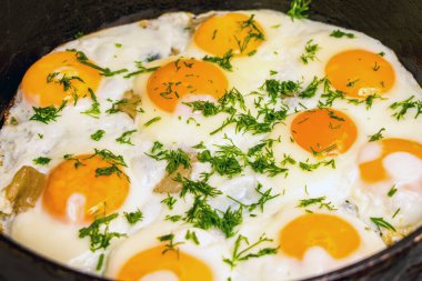 Pişirme sırasında yeşil dereotlu kızartma tavasında yumurta.