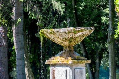 Su eski bir fıskiyenin taş kasesinden akıyor.