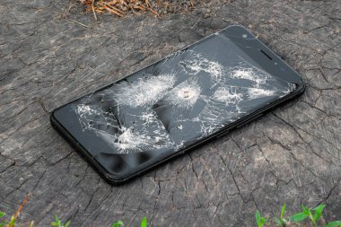 Eski kütüğün üzerinde kurşun deliği olan kırık bir telefon var.