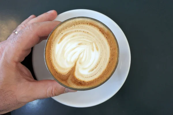 Pov Point View Man Drinks Flat White Coffee Drink Food — Stock Photo, Image