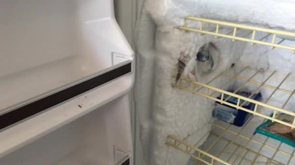 Старый Холодильник Льдом Замороженным Холодильнике Едой Должен Разморожен — стоковое видео