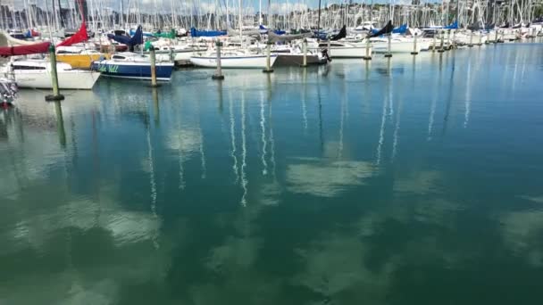 Jacht Zeilen Westhaven Marina Tegen Skyline Van Auckland Westhaven Marina — Stockvideo