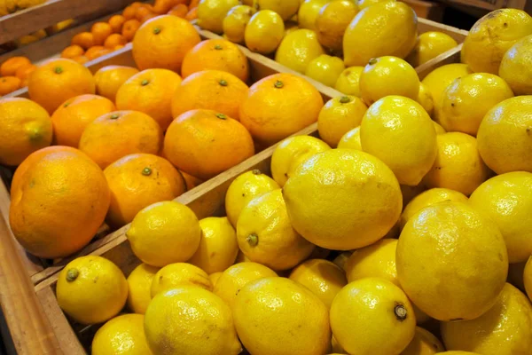 Fresh Lemons Mandarin Fruits Display Farmers Market Auckland New Zealand — Stock Photo, Image