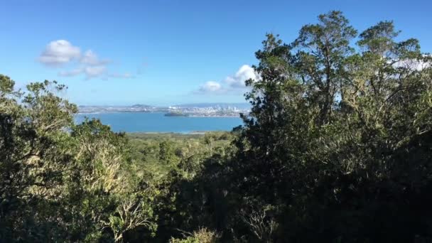 Στον Ορίζοντα Της Πόλης Ώκλαντ Άποψη Από Νησί Ρανγκιτότο Νέα — Αρχείο Βίντεο
