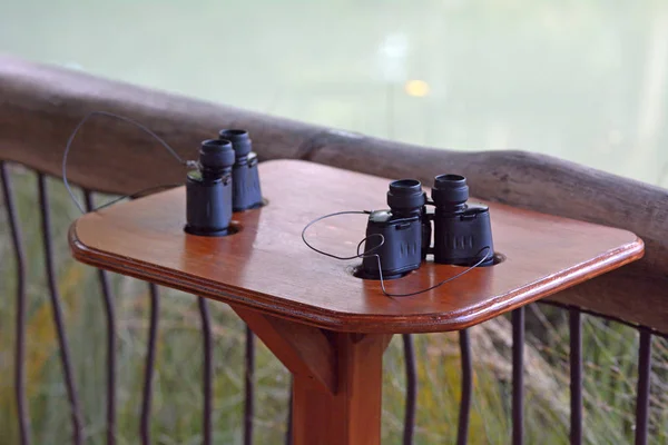 バードウォッチング活動の準備ができて水の体の横に木製のテーブルに つの双眼鏡 コピー スペース — ストック写真