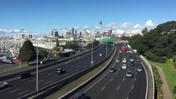 Vista Del Paisaje Aéreo Del Tráfico Distrito Central Negocios Auckland — Vídeos de Stock