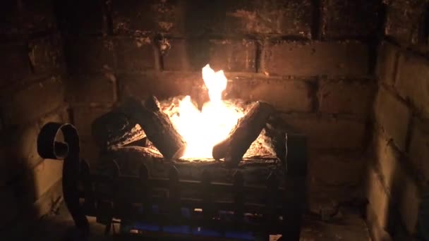 在寒冷的冬天 在家里燃烧的壁炉和木材燃烧缓慢的运动 — 图库视频影像