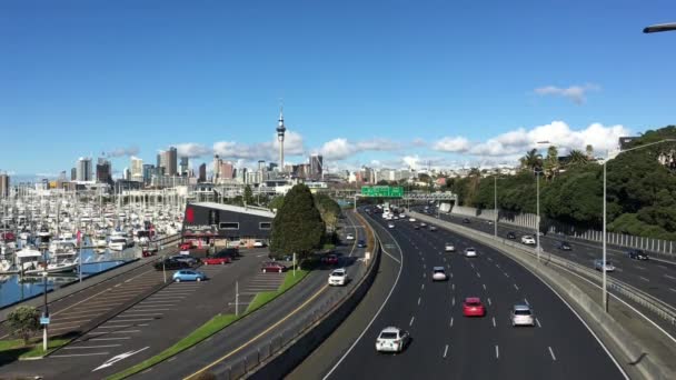 Luchtfoto Landschapsmening Van Het Verkeer Centrale Zakenwijk Van Auckland Nieuw — Stockvideo