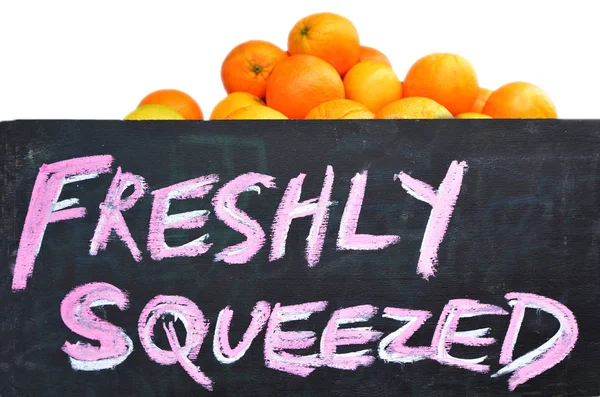 Freshly Squeezed Sign Fresh Oranges Isolated White Background — Stock Photo, Image