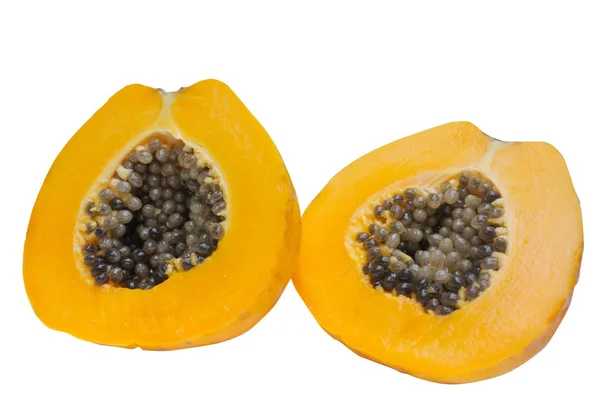 Abra Frutas Frescas Mamão Isoladas Fundo Branco Espaço Cópia — Fotografia de Stock