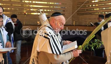 Tevrat kaydırma çember ve Sukkoth (Hoshana Rabbah Yahudi tatil Festivali yedinci ve son gününde sinagoga dua Yahudi erkekler).