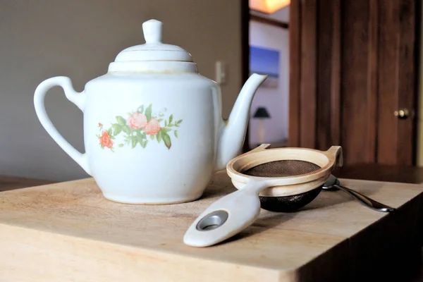 Panela Chá Balcão Cozinha Tradicional Casa Inglês — Fotografia de Stock