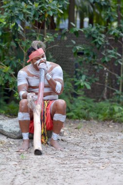 Yerli adam didgeridoo, enstrüman Queensland, Avustralya Aborjin müzik oynamak.