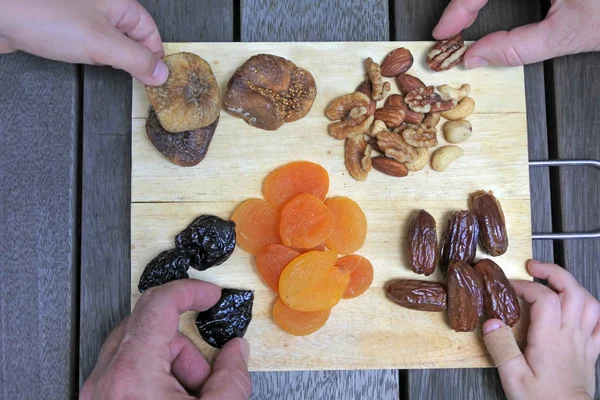 Mixed Dried Fruit Wooden Board Served Jewish Holiday Bishvat — Stock Photo, Image