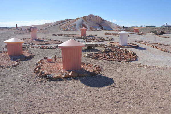 Aerial landscape view of Coober Pedy town in South Australia
