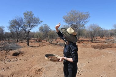 Australian woman searching gem stones in Australia outback clipart
