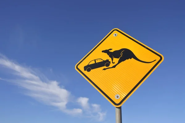 Beware of the kangaroo road sign against blue sky in central Aus — Stock Photo, Image