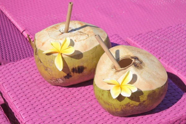Dwa świeże owoce kokosowe pić z słokami na różowym krześle plaży — Zdjęcie stockowe
