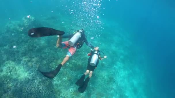 Barnflicka Gör Dykkurs Gili Islands Världsberömd Dykning Nära Bali Och — Stockvideo