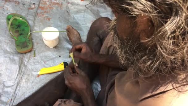 Darwin Julho 2019 Aborígene Australiano Nativo Preparando Pincel Uma Planta — Vídeo de Stock