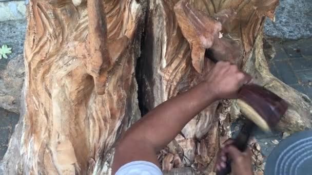 Traditionelle Indonesische Holzschnitzer Schnitzen Balinesische Holzkunstwerke — Stockvideo