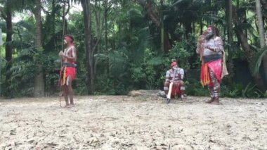 Avustralya 'nın Queensland şehrinde didgeridoo müzik aleti eşliğinde dans eden yerli Avustralyalılar.