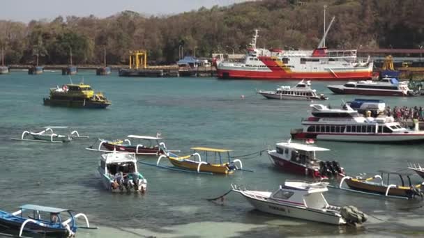 バリ島 8月02 2019 バリ島インドネシアのパダン白港にあるギリ諸島への高速ボートフェリーに乗る観光客 パダンバイはバリとロンボク島の間の交通の中心地です — ストック動画