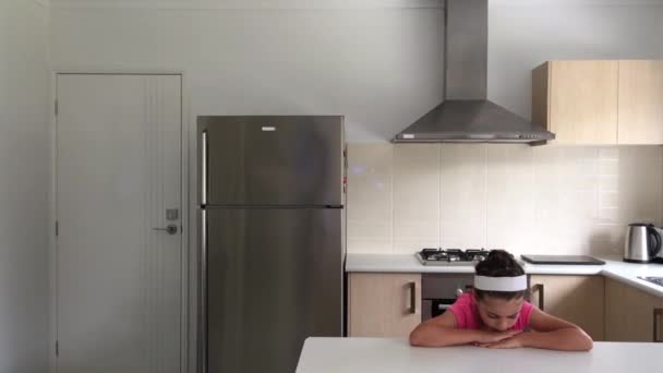 Sad Upset Young Girl Age Crying Home Kitchen — Stock Video