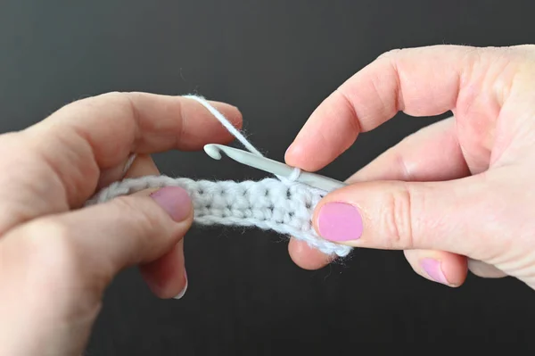 Detail Hands Woman Crocheting Crochet Needle — Stock Photo, Image