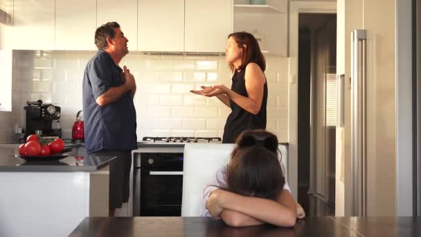 Upset Girl Age Listening Parents Arguing Home Kitchen — Stock Video