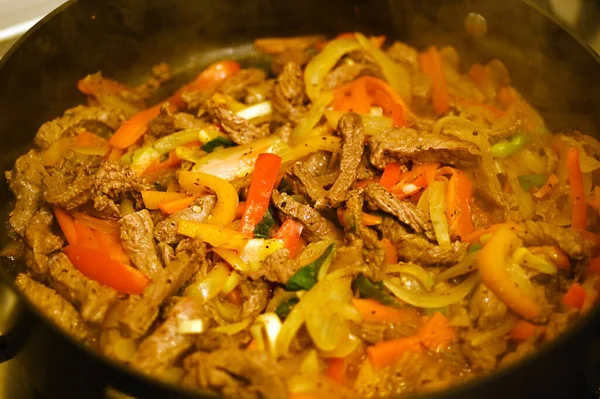 Asian Beef Stir Fried Meat Cooked Vegetables Frying Pan — Stock Photo, Image