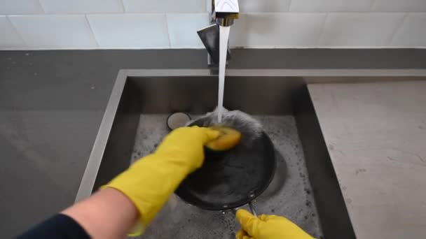 Pov Point View Person Washing Dishes Home Kitchen Sink — Stock Video