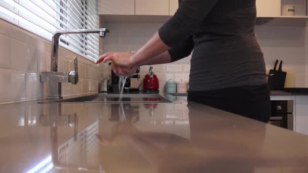 成年妇女在家里厨房里擦拭柜台和水槽 — 图库视频影像