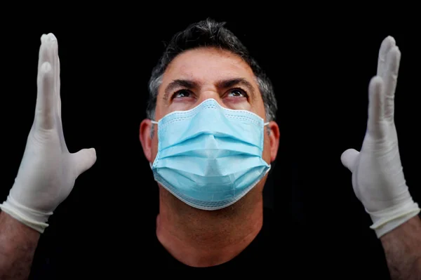 Desperate Mature Adult Man Age Wearing Face Mask Looking Holding — Stock Photo, Image
