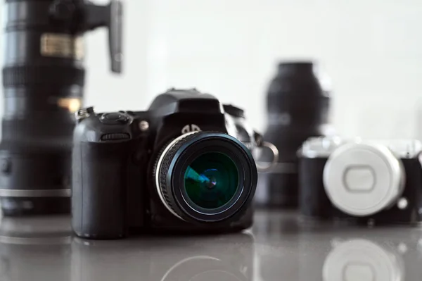 Cameras Lenses Photography Equipment Marble Surfac Photographer Studio — Stock Photo, Image