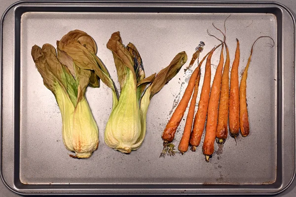 Flat Lay Bok Chow Chinese Cabbage Small Carrots Baked Oven — Stock Photo, Image