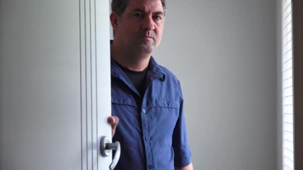Upset Adult Man Shutting Bedroom Door — Stock Video