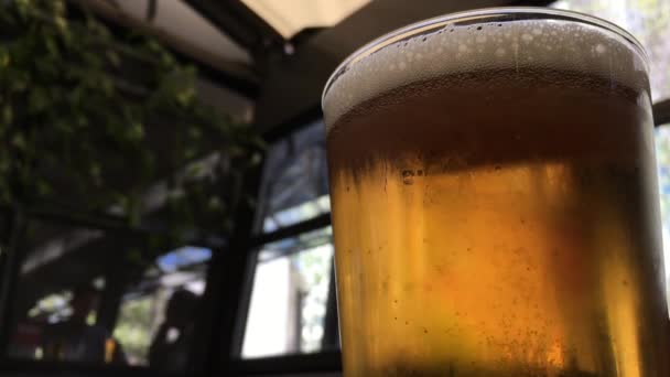 Taza Grande Cerveza Mostrador Pub Vista Ángulo Bajo — Vídeos de Stock