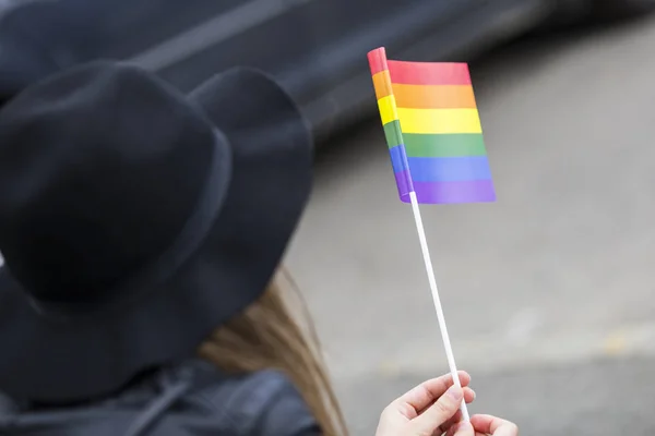 Yalnız adam ayakta gökkuşağı renkli bayraklar holding