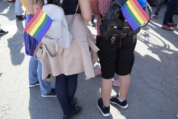 Eşcinsel geçit katılımcılar gökkuşağı renkli bayrak ile