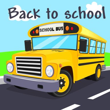 Parlak sarı okul otobüsü yola perspektif olarak bakıyor. Vektör çizimi. Okul ulaşımı. ak şablonu, tahta ya da arkaplan kullanabilirsiniz. Modern biçim.