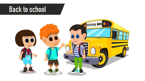 School Bus Has Girl Two Boys Backpacks Rejoicing School Vector — Stock Vector