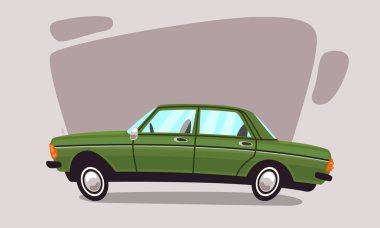 Sedan yeşil. Komik çizgi film arabası yan yana duruyor. Lastikler oval tekerlerdir. Animasyonlarda ve çizgi filmlerde kullanılabilir..